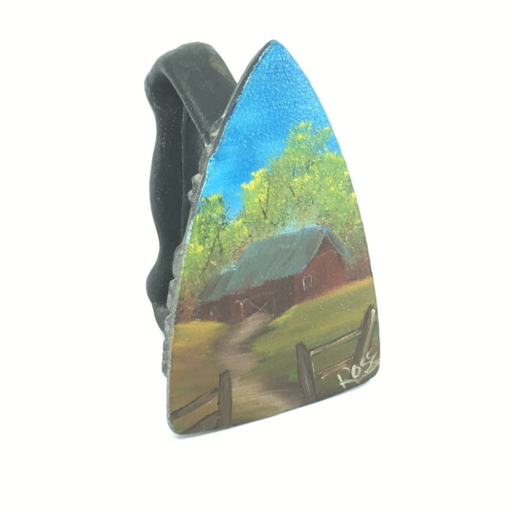 Antique Iron Hand Painted Oil Painting Rustic Farm Red Barn Signed Art Rose Mini - Picture 6 of 13